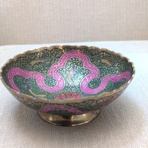 Hand Painted Peacocks and Florals Brass Scalloped Footed Bowl